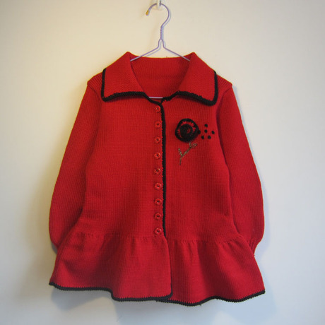 手工编织新款儿童红色玫瑰花女童翻领裙式毛衣
