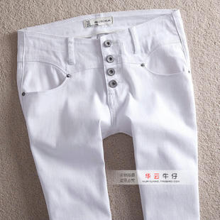 2013白色牛仔裤 女款高腰排扣 显瘦小脚裤铅笔