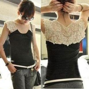  包邮夏季女韩版修身显瘦蕾丝拼接弹力紧身打底衫短袖背心无袖T恤