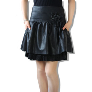  翰 秋冬裙黑色短裙半身裙蛋糕裙水洗皮裙PU裙高腰裙韩版时尚A字裙