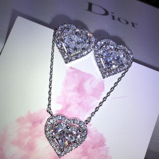  韩国尚美 VCA复古小香风 925银针耳钉 爱心 鸽子蛋钻石耳环配项链