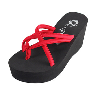  夏季欧美韩版松糕鞋坡跟沙滩凉拖高跟厚底夹脚时尚女式人字拖