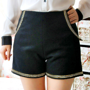  原创设计春秋冬季欧美小香风钉珠加大码加厚毛呢料高腰短裤靴裤
