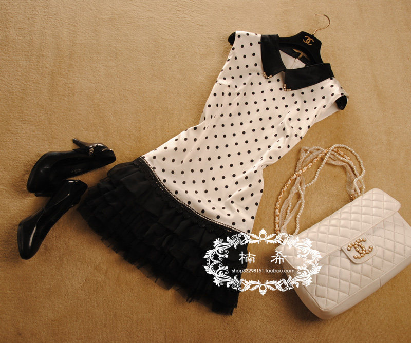 2013年女装夏装新款  经典优雅  真丝缎圆点蓬蓬连衣裙