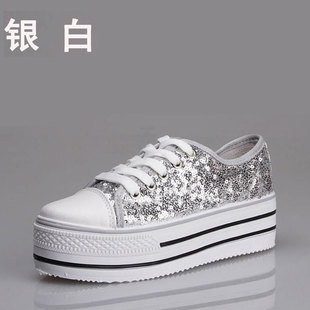  5.1出游必备低帮休闲帆布鞋女 透气韩版亮片松糕厚底增高鞋