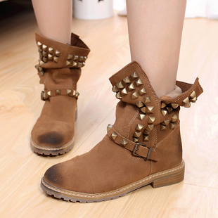  杨幂复古铆钉靴女真皮短靴骑士靴ayuki趴趴靴马丁靴机车靴单靴子