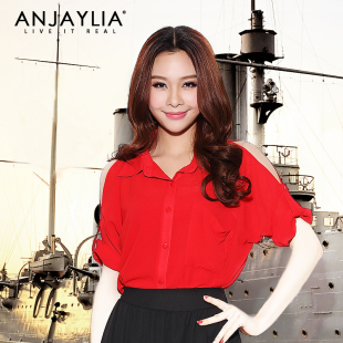  Anjaylia正品 夏女装衬衣上衣 红色中袖性感宽松露肩雪纺衫 衬衫