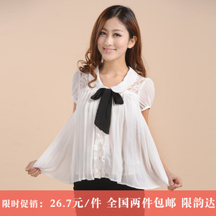  女夏装短袖款清仓 日系白色雪纺面料蕾丝衬衫百叶褶修身上衣