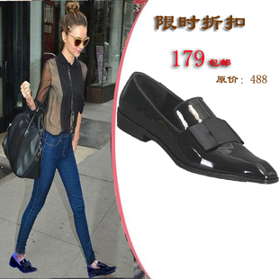  新款欧美大牌方头粗跟中性英伦单鞋中跟大码黑色真皮漆皮女鞋