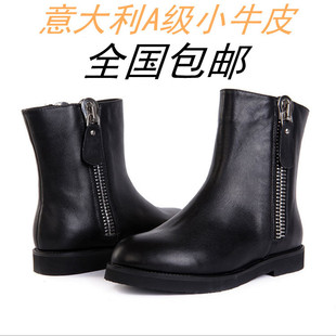  欧美范 双拉链 平底 短靴 中筒靴 真皮靴 圆头靴 真牛皮女靴 女鞋