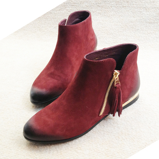 金特百丽真皮平底短靴磨砂牛皮女鞋小尖头裸靴