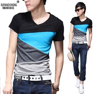  短袖 男 潮夏装韩版潮男拼色V领T恤 男装男士修身短袖t恤