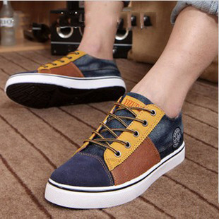  新款帆布鞋 男 韩版 时尚潮流板鞋 色拼接牛仔面料英伦潮男鞋