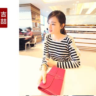  吉喆春夏装新款条纹打底衫修身显瘦T恤 女长袖蕾丝拼接海魂衫