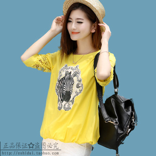  正品牌夏装圆领时尚蕾丝拼接勾花镂空中袖纯棉上衣百搭宽松t恤女