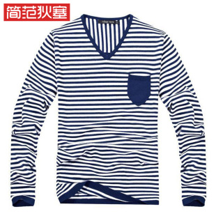  包邮!简范狄塞条纹男士毛衣 韩版潮修身v领毛衫 大码打底
