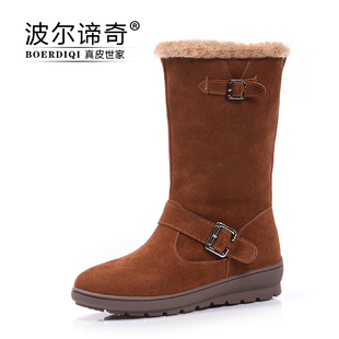  波尔谛奇新品真皮女雪地靴子清仓冬季保暖棉鞋中筒女靴子包邮2099