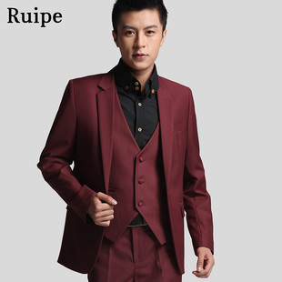  ruip新款男士休闲西装男韩版修身新郎结婚礼服正装酒红色西服套装