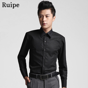  ruipe正品男式夏装新品 男韩版修身长袖男士休闲衬衣黑色衬衫