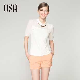  OSA夏装新款短袖女装夏季上衣蕾丝拼接翻领t恤女 短袖T31020