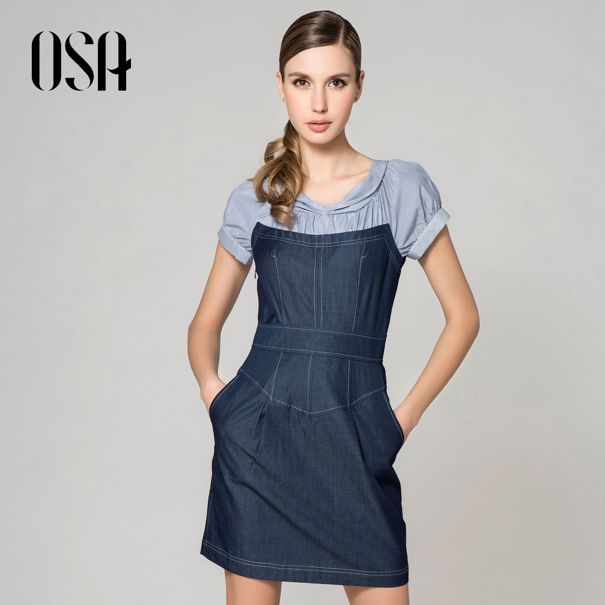 OSA品牌女装专柜正品大码显瘦拼接牛仔裙夏
