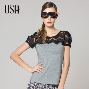  OSA夏装新款女装韩版修身百搭蕾丝上衣拼接泡泡袖短袖T恤女T22152