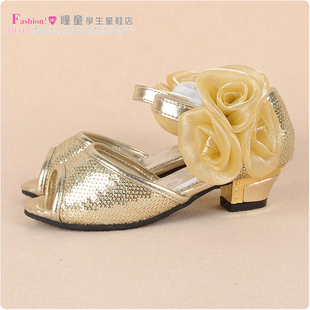  女童凉鞋韩版时尚高跟凉鞋新款儿童鱼嘴凉鞋亮片玫瑰花公主鞋