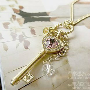  V4033 韩版长款时尚漂亮紫水晶爱心金色皇冠钥匙项链毛衣链 女