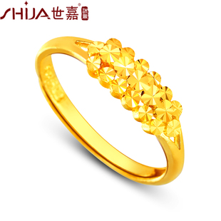  世嘉珠宝 黄金戒指 999千足金女戒 三排炫亮仿钻面 正品