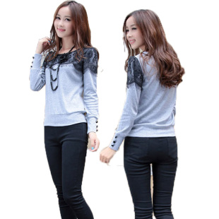  包邮春秋韩版淑女装长袖t恤 加大码拼接蕾丝打底衫潮宽松爆款