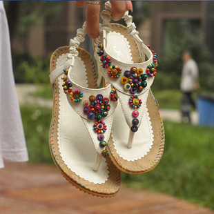  夏季 民族风彩色珠珠夹趾平底复古手工串珠夹脚平跟罗马女鞋凉鞋