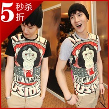 Lin curved Gorilla Korean men and women short-sleeve round neck pullover short sleeve monkey cartoon couple cotton men short sleeve