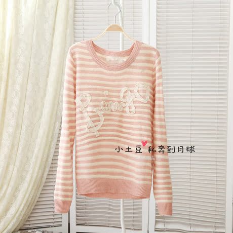 铺】2012冬打底条纹圆领长袖蕾丝贴布<em>英文</em>韩