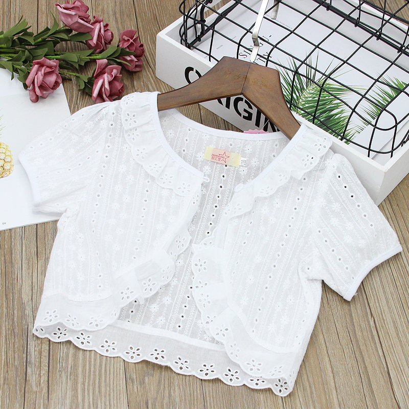 girl Short sleeved Shawl Cotton baby Small waistcoat pure cotton Cardigan Hollow Outside the ride Lace Neckline lace coatin the Children/Baby/Family fitted , Cloak/Cloak category - from Buy2taobao.com to provide professional Taobao agent buy service