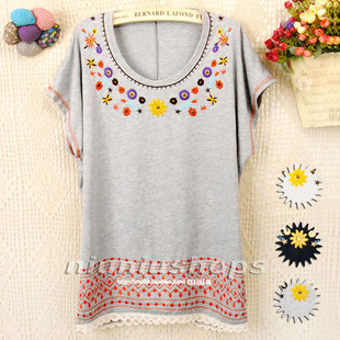  J 夏季新款甜美女装圆领刺绣小花拼接蕾丝花边蝙蝠短袖T恤