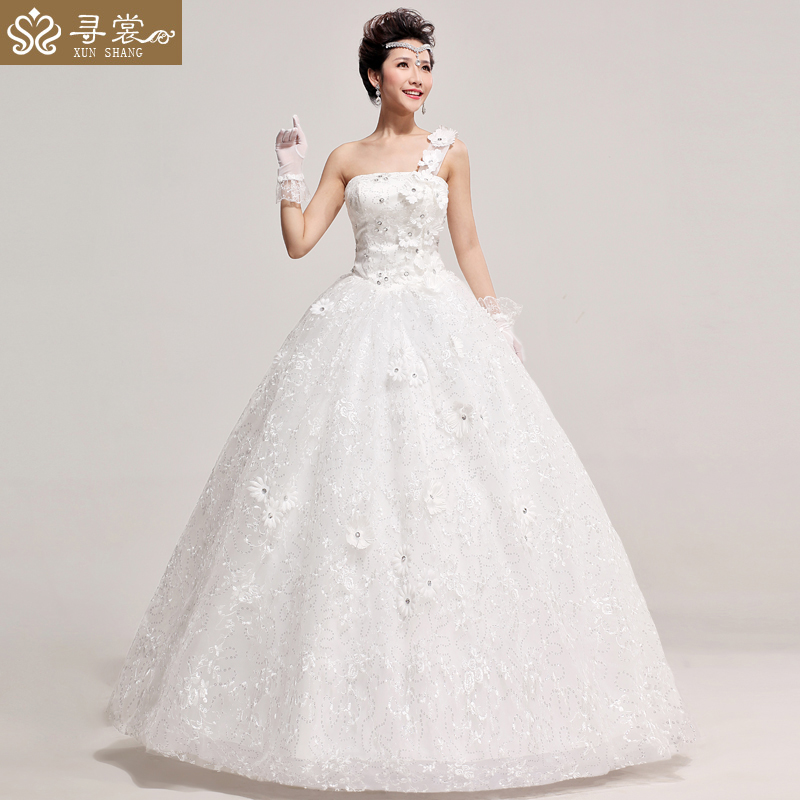 婚纱礼服最新款 韩版甜美花朵公主齐地婚纱 新娘单肩婚纱HS322 婚纱礼服最新款 韩版甜美花朵公主齐地婚纱 新娘单肩婚纱HS322