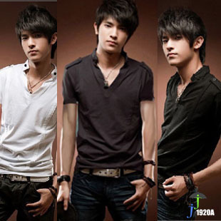  男T恤男装夏装新款潮牌韩版修身纯色丝绒V领纯棉男士短袖T恤