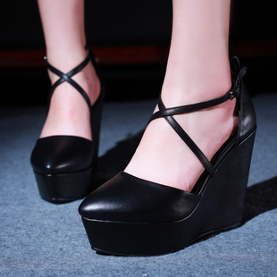  夏季 包头坡跟凉鞋 欧美性感黑色真皮女鞋 尖头厚底高跟鞋