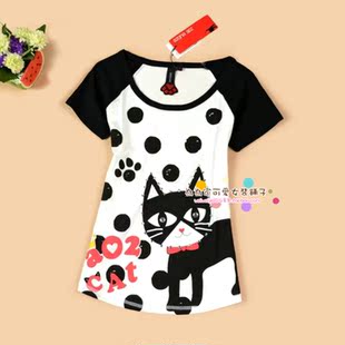  阿桑娜a02韩版烫钻小黑猫休闲修身插肩袖女装短袖T恤C058