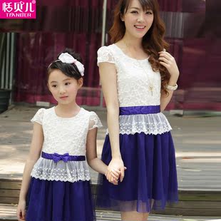  恬贝儿亲子装夏装款全家装母女装夏装时尚蕾丝连衣裙套装