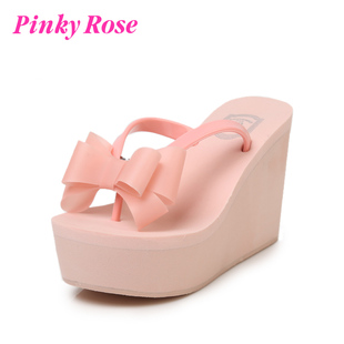  @pinkyrose 夏季新款蝴蝶结坡跟防水台女鞋 牛津人字拖鞋