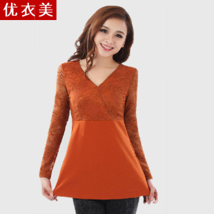  优衣美 夏装新款大码女装 拼接蕾丝T恤韩版宽松T恤女长袖1268