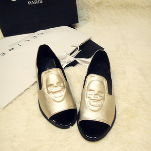  欧美英伦朋克风超个性复古骷髅头金色平跟单鞋女鞋罗马鱼嘴凉鞋