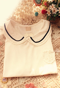  复古小清新学院风彼得潘娃娃领小珍珠镶嵌花朵百搭长袖打底衫衬衫