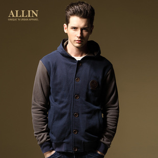  allin 卫衣男春装韩版休闲修身拼色连帽开衫卫衣薄外套新品潮
