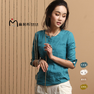  麻利布女装夏装新品 文艺通勤圆领短袖亚麻套头衬衫 M13BC98