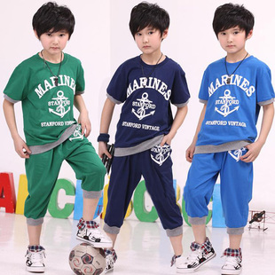  夏季新款韩版中大童儿童男童纯棉运动休闲短袖T恤七分裤套装