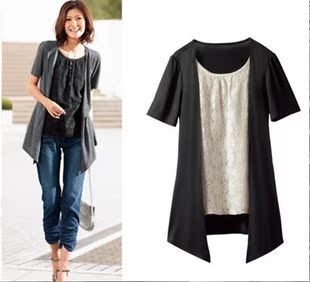  nissen日单外贸原单假两件蕾丝拼接短袖T恤显瘦大码OL春夏女装