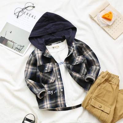 儿童连帽格子衬衫春秋2019新款韩版宝宝帅气纯棉上衣男童长袖衬衣