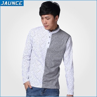  Jaunce 春装新品 日韩个性 修身立领POLO衫 男士碎花T恤